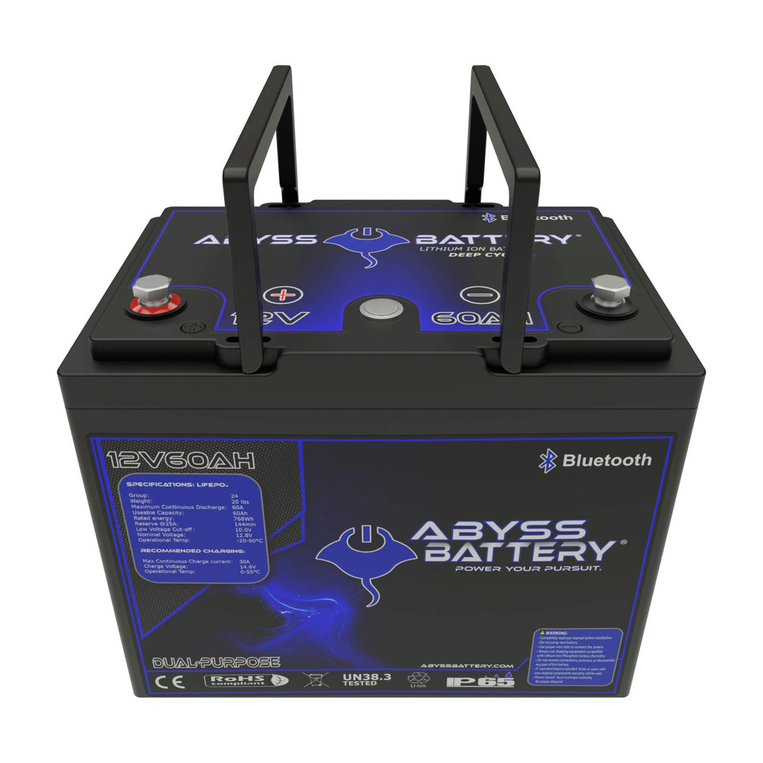 ABYSS® 12V 60Ah Dual Purpose Lithium Marine Battery with Bluetooth connectivity.