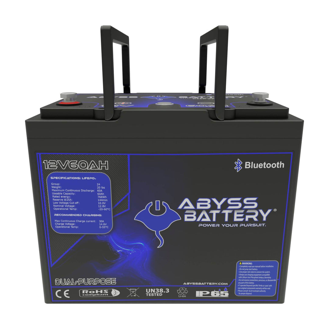 ABYSS® 12V 60Ah Dual Purpose Lithium Marine Battery with Bluetooth connectivity and compact design.