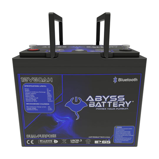 ABYSS® 12V 60Ah Dual Purpose Lithium Marine Battery with Bluetooth connectivity and compact design.