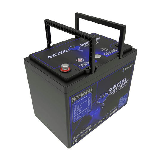 ABYSS® 12V 60Ah Dual Purpose Lithium Marine Battery with handles and multiple ports.