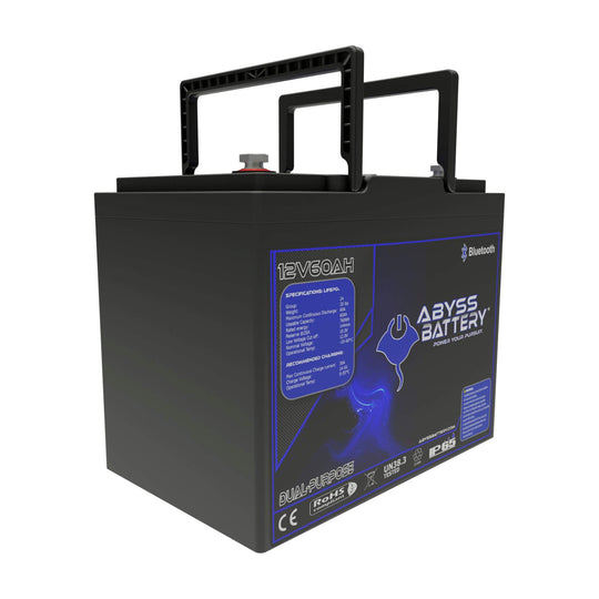 ABYSS® 12V 60Ah Dual Purpose Lithium Marine Battery with dual handles and blue label design.