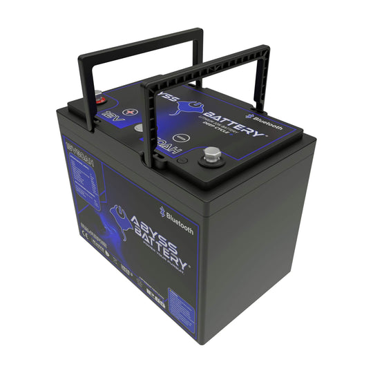 ABYSS® 12V 60Ah Dual Purpose Lithium Marine Battery with handles and clear labeling.