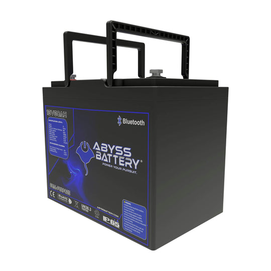 ABYSS® 12V 60Ah Dual Purpose Lithium Marine Battery with dual handles and Bluetooth connectivity.