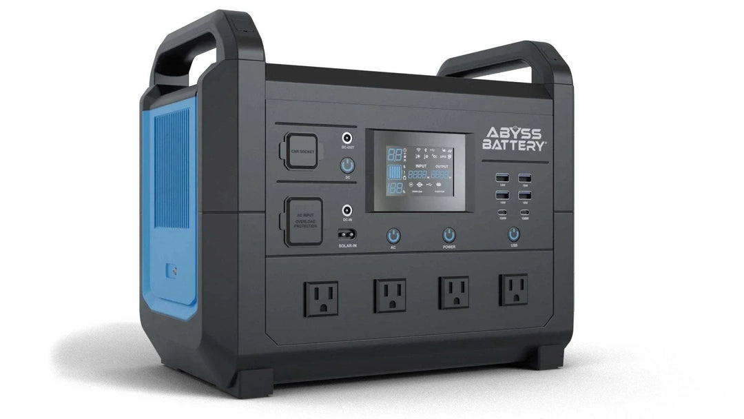 ABYSS® 1600W Portable Power Station with multiple ports and LED screen for outdoor and emergency use.