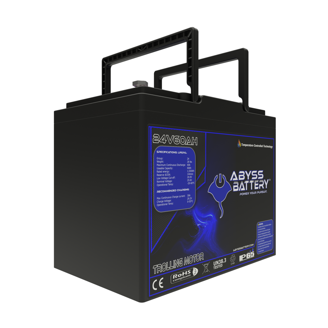 ABYSS® 24V 60Ah Lithium Trolling Motor Battery, compact and lightweight for marine use.