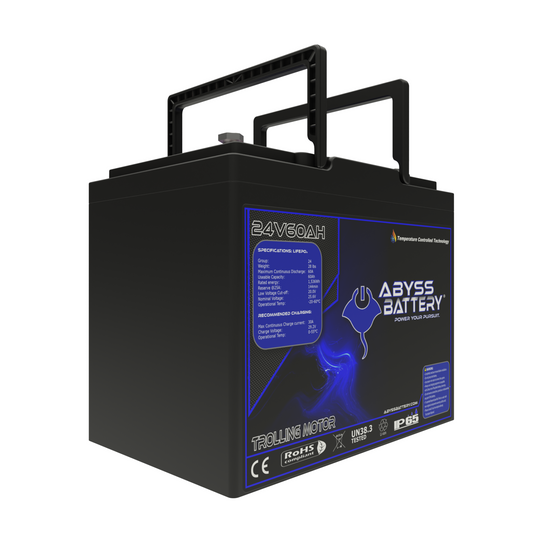 ABYSS® 24V 60Ah Lithium Trolling Motor Battery, compact and lightweight for marine use.