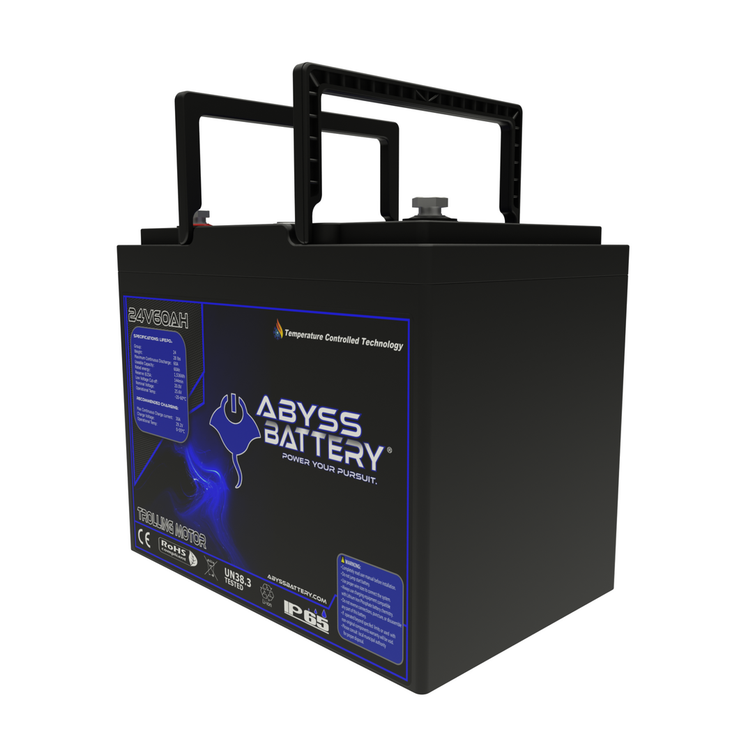 ABYSS 24V 60Ah Lithium Trolling Motor Battery with compact design and dual handles.