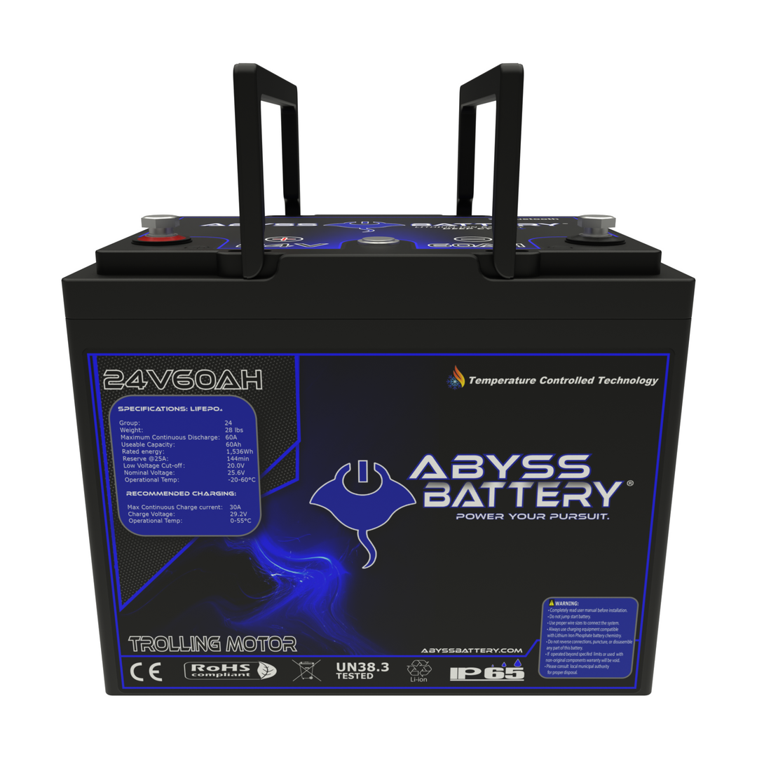 ABYSS® 24V 60Ah Lithium Trolling Motor Battery, compact and lightweight design for marine use.