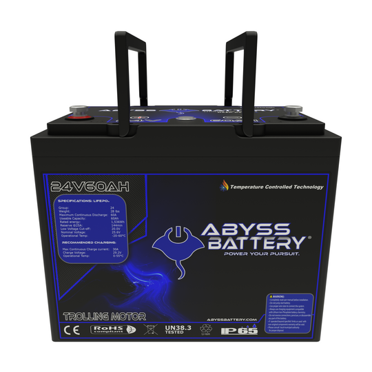 ABYSS® 24V 60Ah Lithium Trolling Motor Battery, compact and lightweight design for marine use.