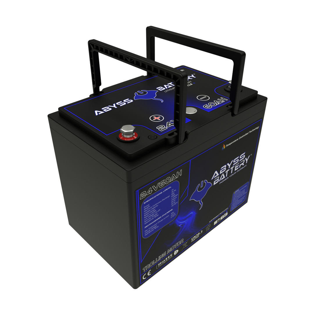 24V trolling motor battery, ABYSS® 60Ah lithium, compact marine battery.