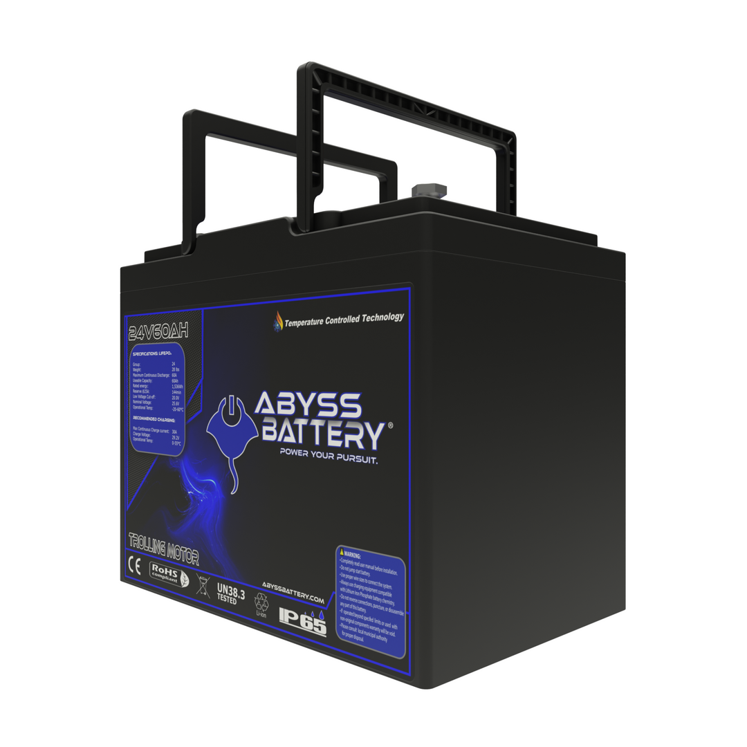 ABYSS® 24V 60Ah Lithium Trolling Motor Battery for efficient marine power.