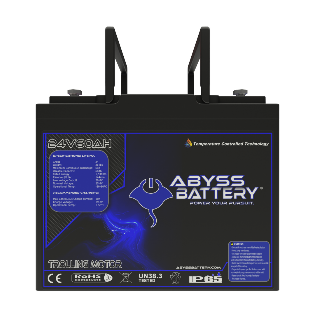 ABYSS® 24V 60Ah Lithium Trolling Motor Battery for marine use, compact and powerful.
