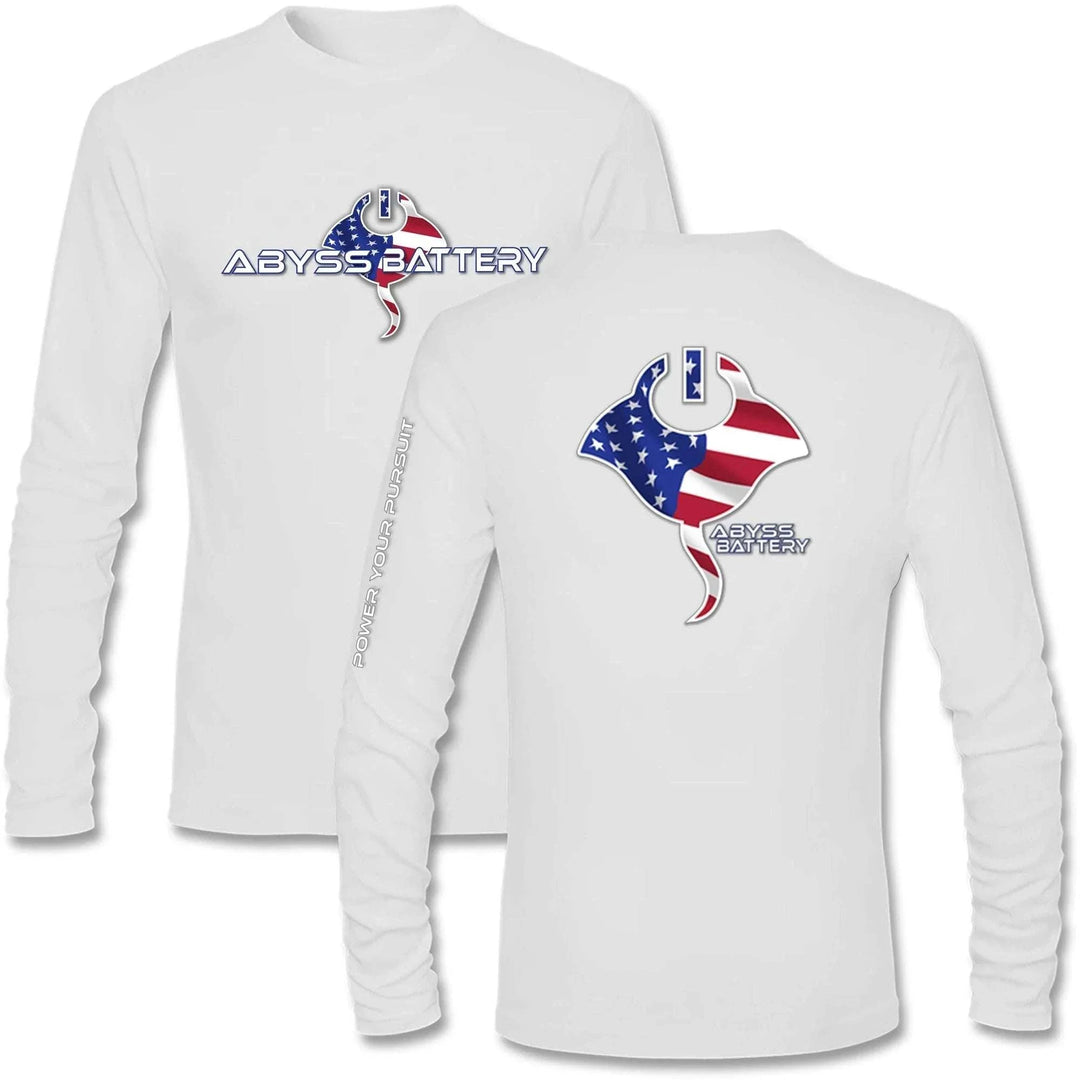 American Flag L/S Performance Shirt by Abyss Battery, lightweight and breathable long sleeve sports top for outdoor activities.