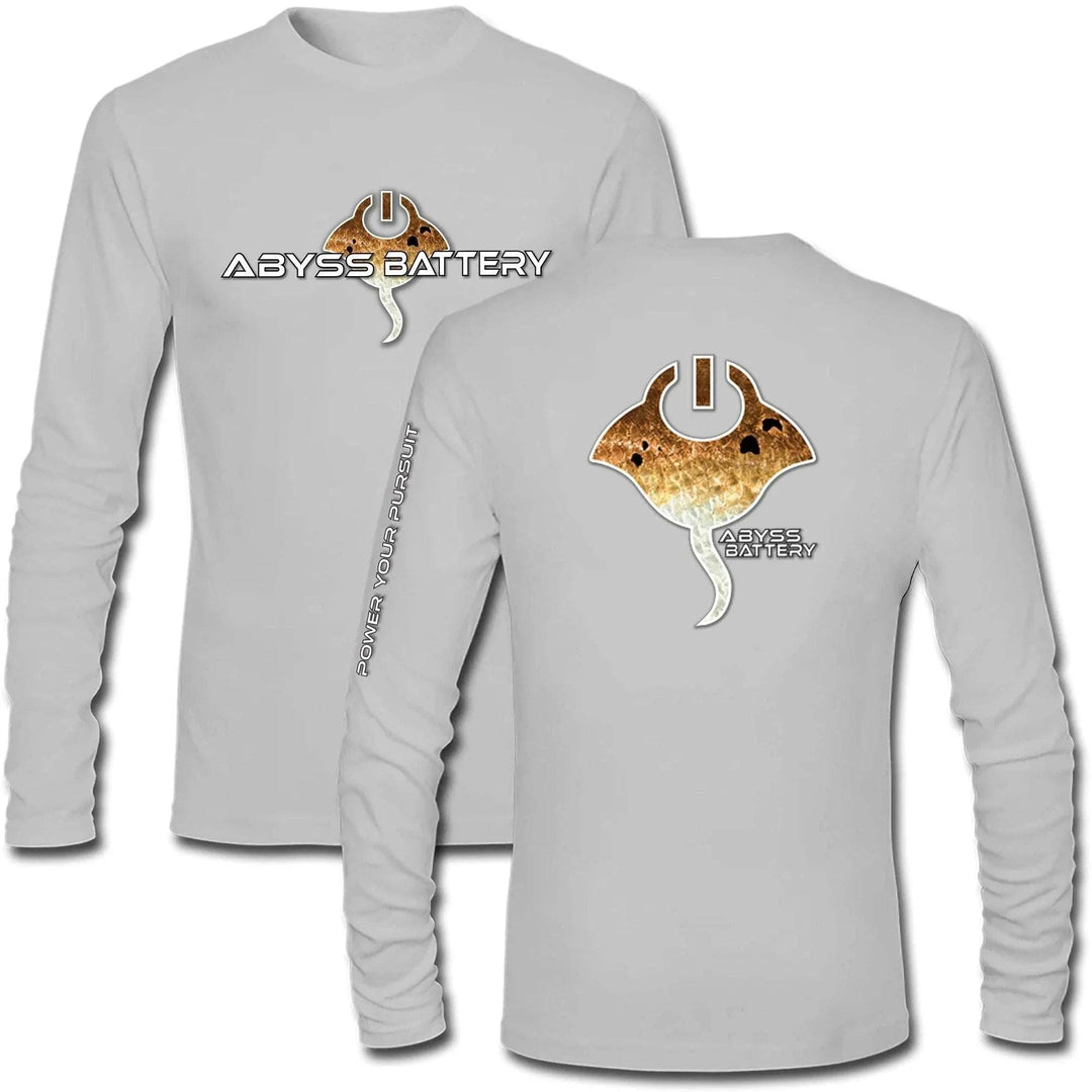 REDFISH Gray L/S Performance Shirt by Abyss Battery with long sleeves and lightweight fabric for outdoor sports enthusiasts.