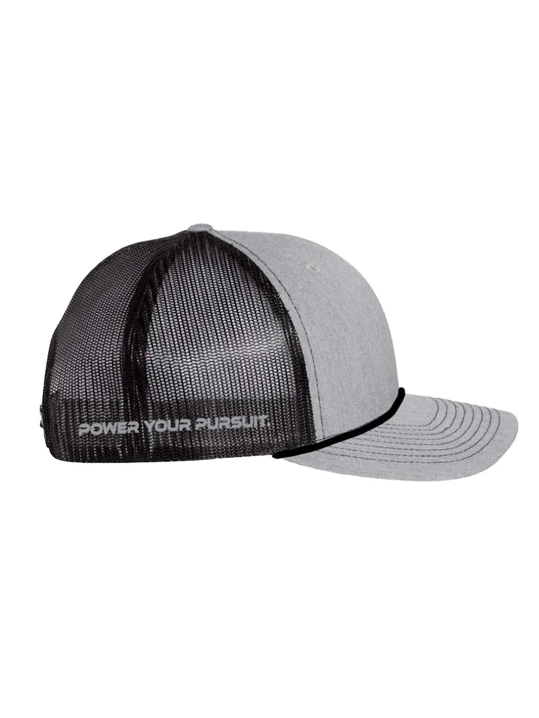 Grey on Black Richardson Mesh Trucker Hat by ABYSS® with moisture-wicking, thermal-regulating, and anti-bacterial features.