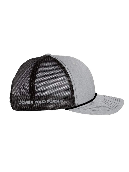 Grey on Black Richardson Mesh Trucker Hat by ABYSS® with moisture-wicking, thermal-regulating, and anti-bacterial features.