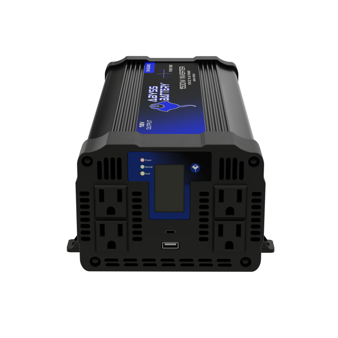 1500W marine inverter with pure sine wave technology, LCD display, four AC outlets, and USB ports.