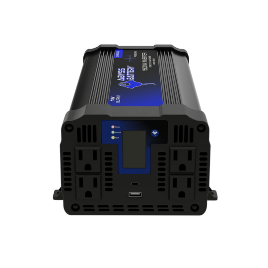 1500W marine inverter with pure sine wave technology, LCD display, four AC outlets, and USB ports.