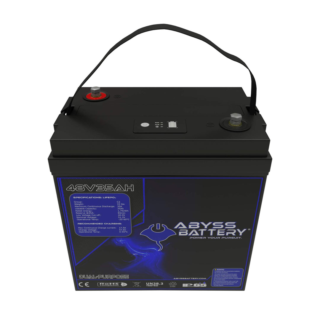 ABYSS® 48V 35Ah GC2 lithium golf cart battery with built-in Bluetooth and display.
