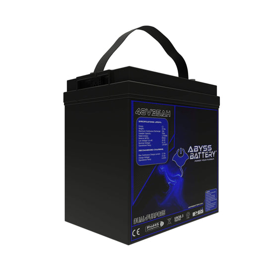 ABYSS® 48V 35Ah GC2 lithium golf cart battery with Bluetooth and display screen.