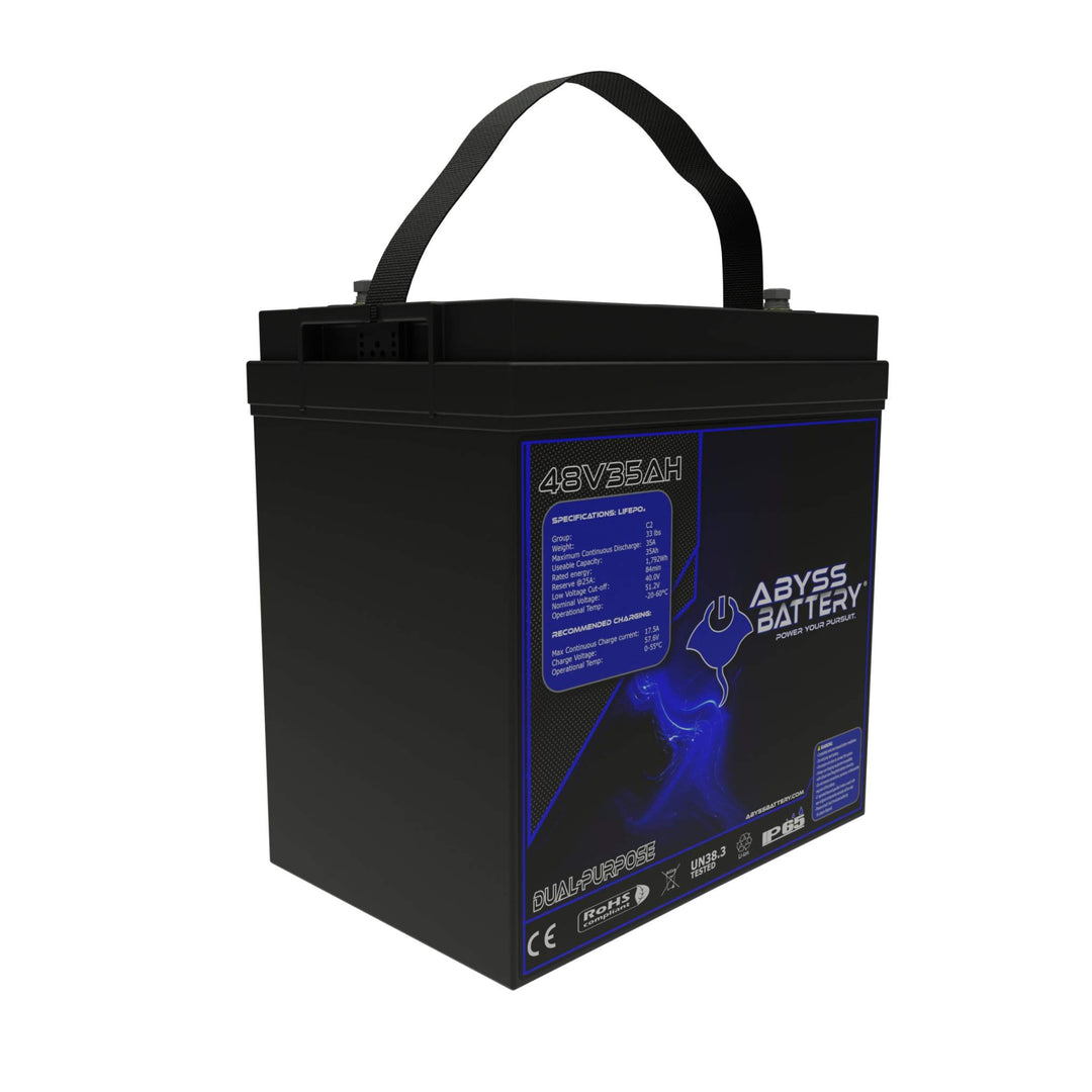 48V 35Ah lithium golf cart battery with Bluetooth and display screen.