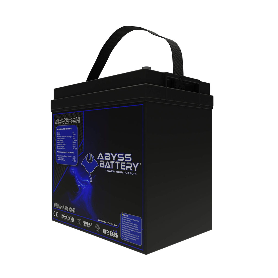 ABYSS® 48V 35Ah lithium golf cart battery with built-in Bluetooth and display screen.