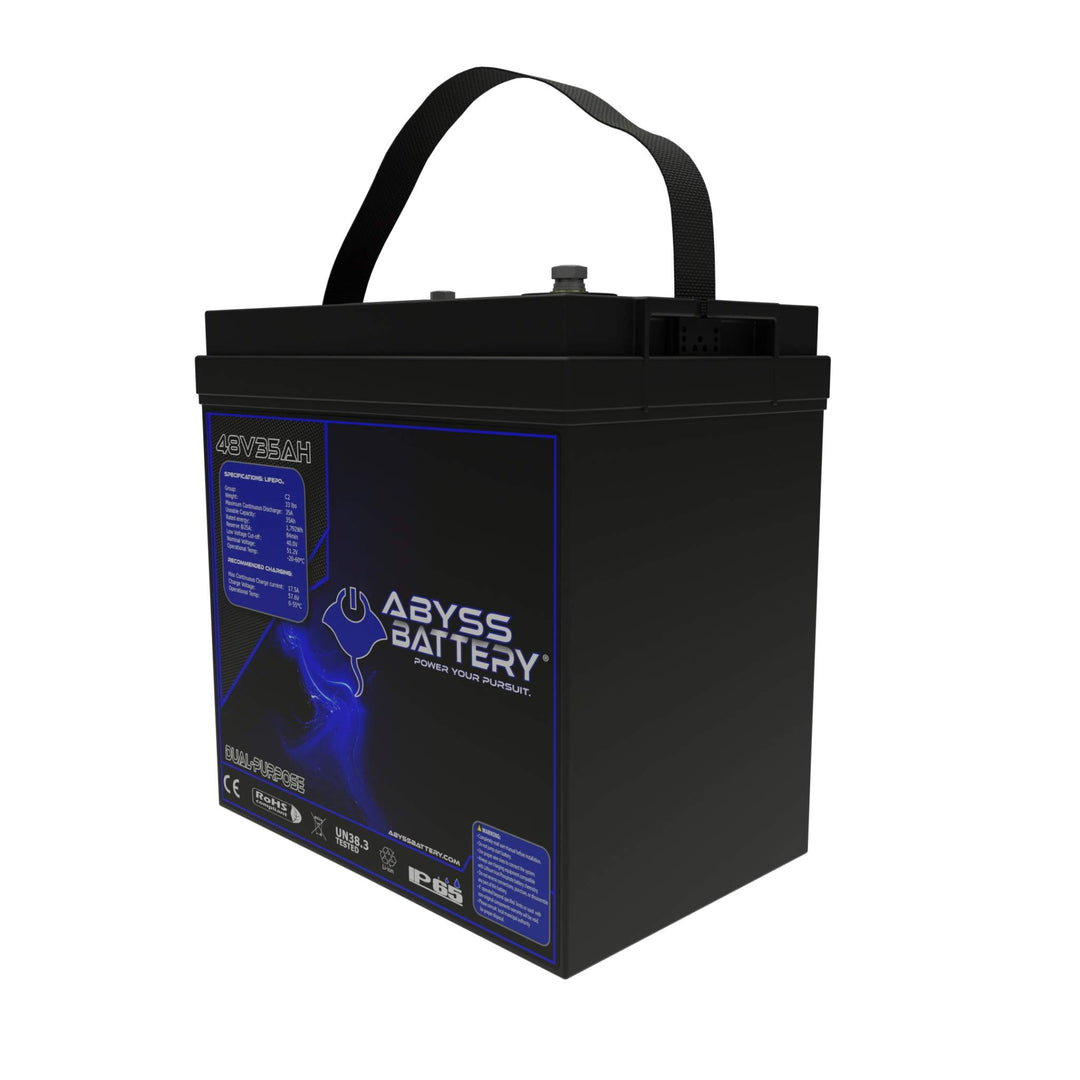 ABYSS 48V 35Ah Lithium Golf Cart Battery with Bluetooth and display screen in GC2 case.