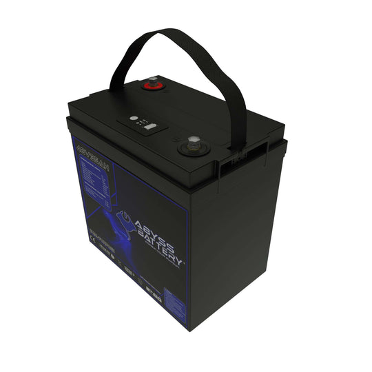ABYSS® 48V 35Ah lithium golf cart battery with built-in Bluetooth and display screen.