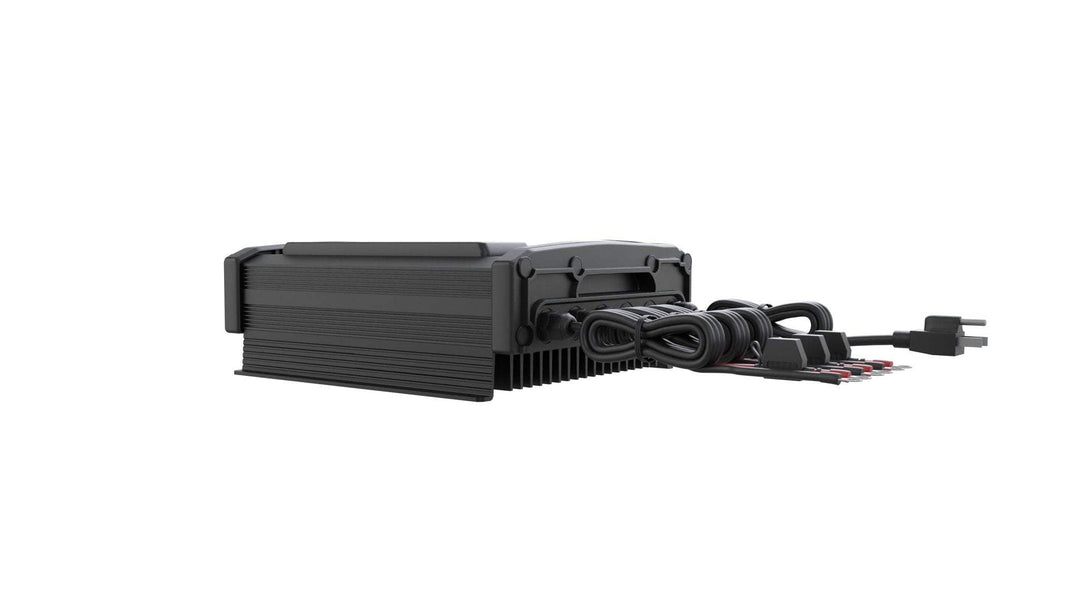 Marine battery charger with three-bank capability for 12V/24V batteries.