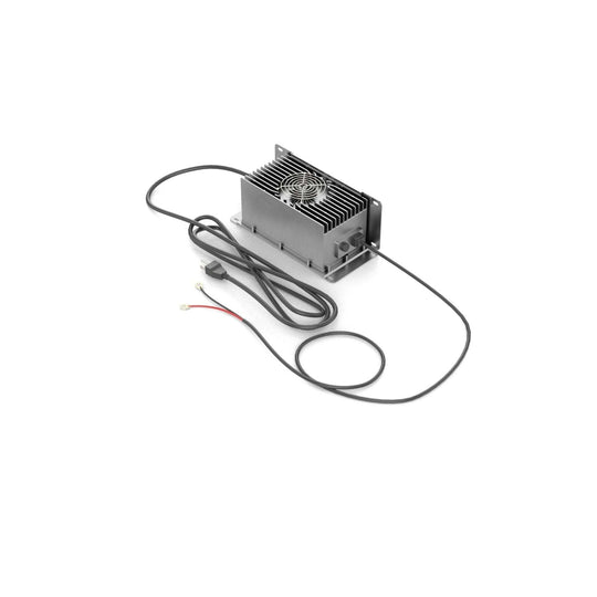 ABYSS® 72V 10A Lithium Golf Cart Battery Charger with cords and cooling system. Compact, durable design for efficient and rapid golf cart charging.