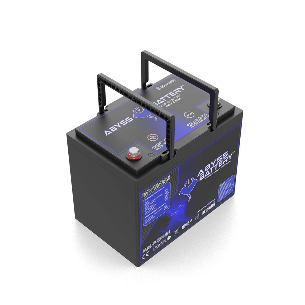 ABYSS® 12V 120Ah dual-purpose lithium marine battery with handles.