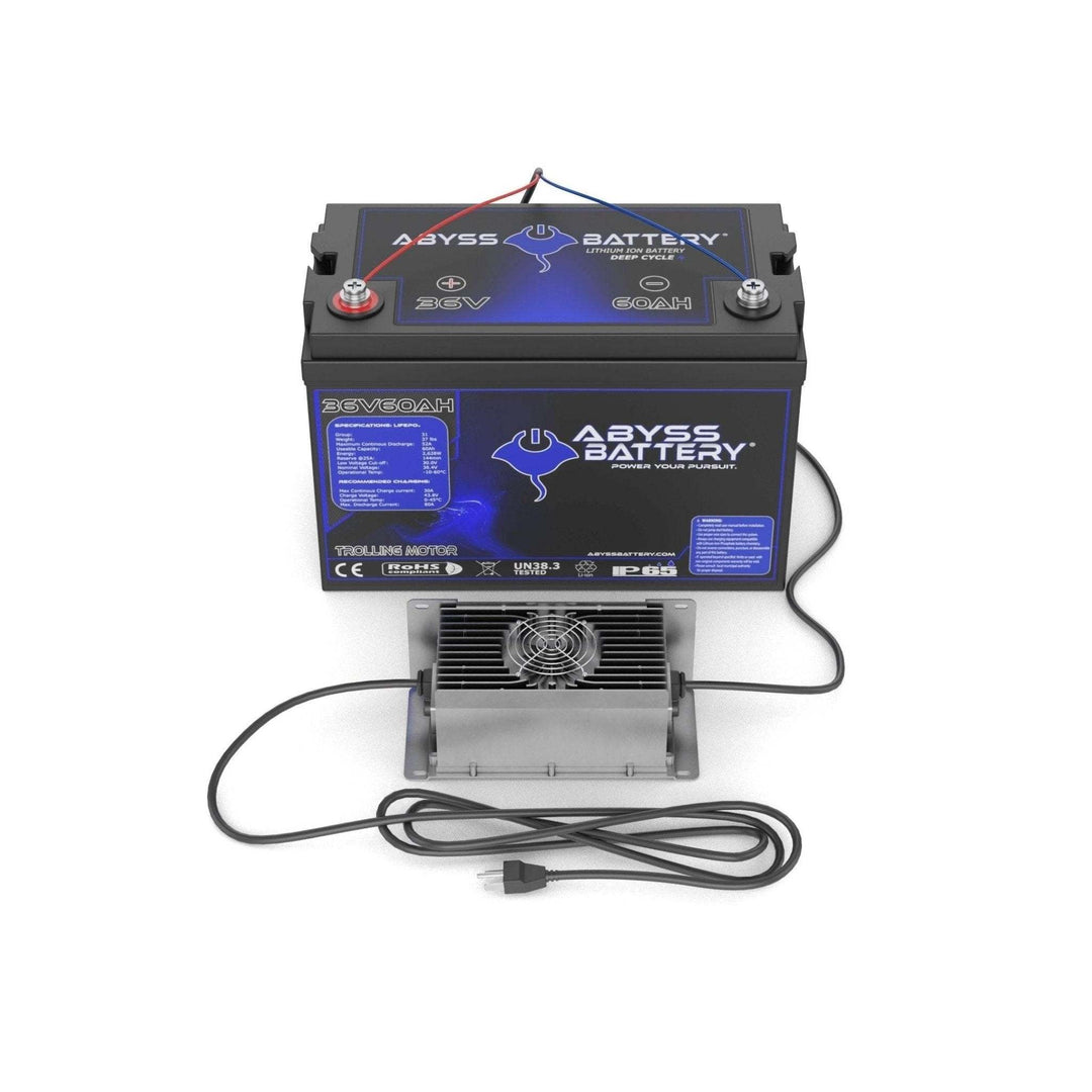 ABYSS® 36V 60Ah trolling motor lithium battery kit with charger, ideal for efficient marine power.