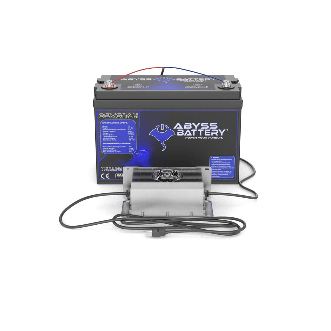 ABYSS® 36V 60Ah Trolling Motor Lithium Battery Kit with Charger, compact and efficient for enhanced fishing trips.