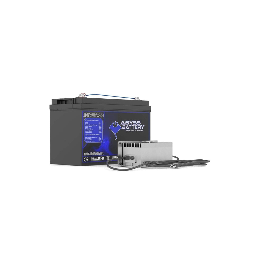 ABYSS® 36V 60Ah trolling motor lithium battery kit with charger, compact and efficient for fishing.