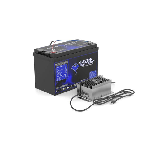 ABYSS® 36V 60Ah Trolling Motor Lithium Battery Kit with Charger for efficient marine use.