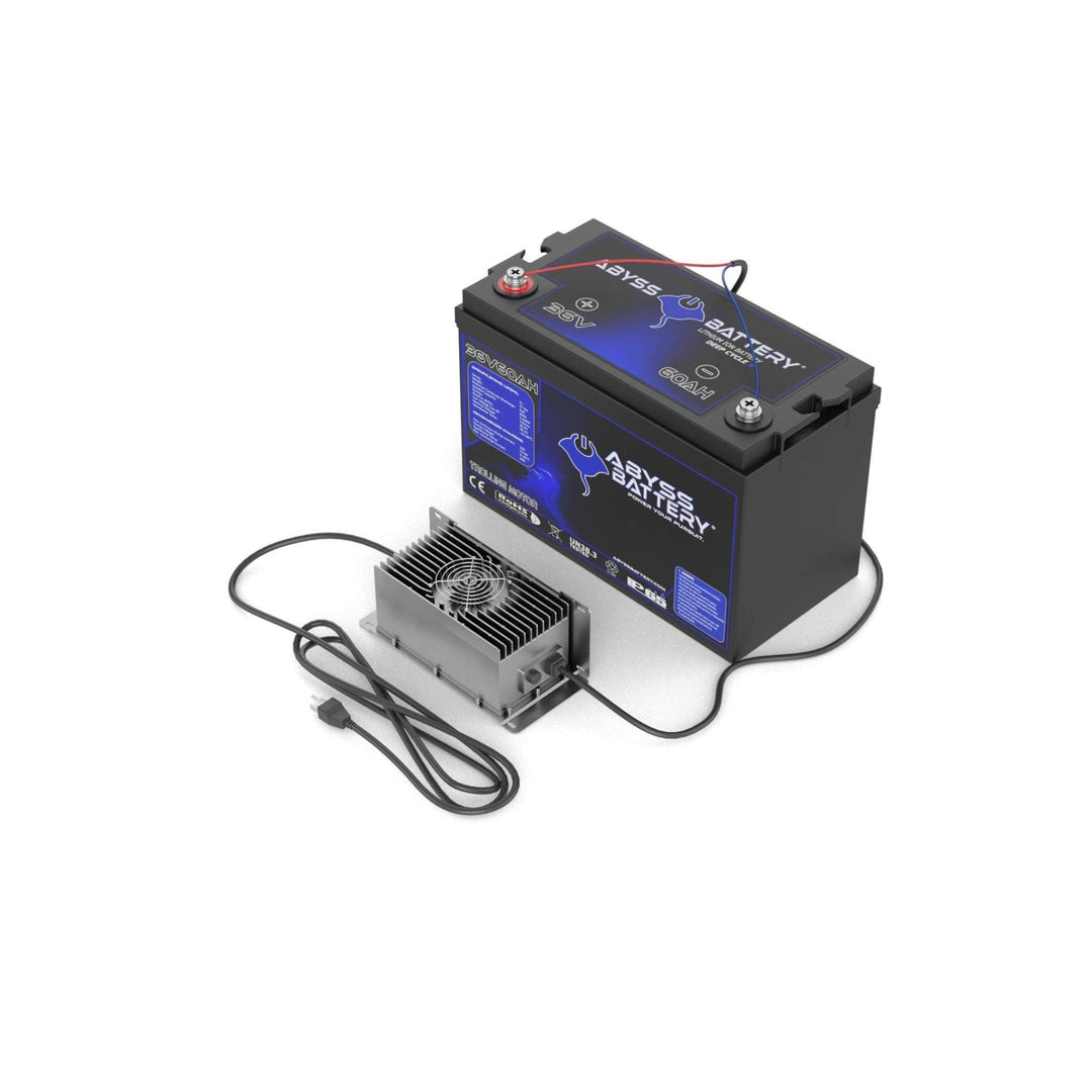 ABYSS® 36V 60Ah Trolling Motor Lithium Battery Kit with Charger for efficient fishing power.