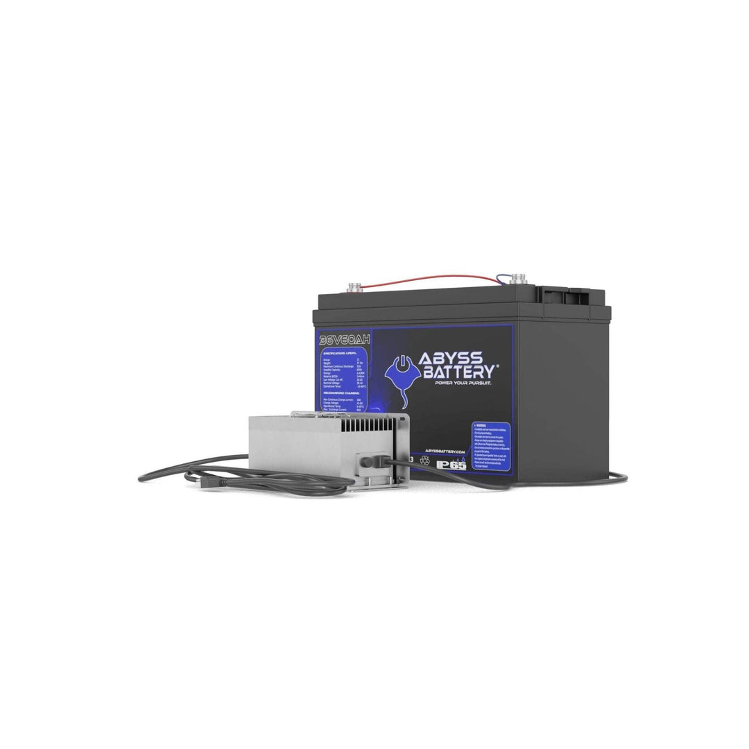 ABYSS® 36V 60Ah Trolling Motor Lithium Battery Kit with Charger for efficient fishing trips.
