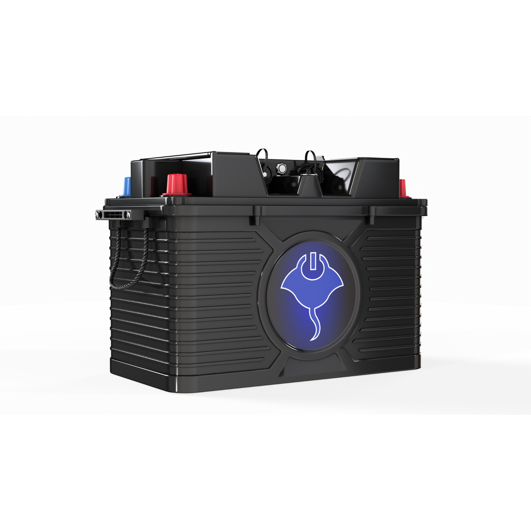 ABYSS 12V 220Ah NMEA 2000 dual-purpose marine lithium battery in black rugged IP67 sealed case with blue glowing stingray logo
