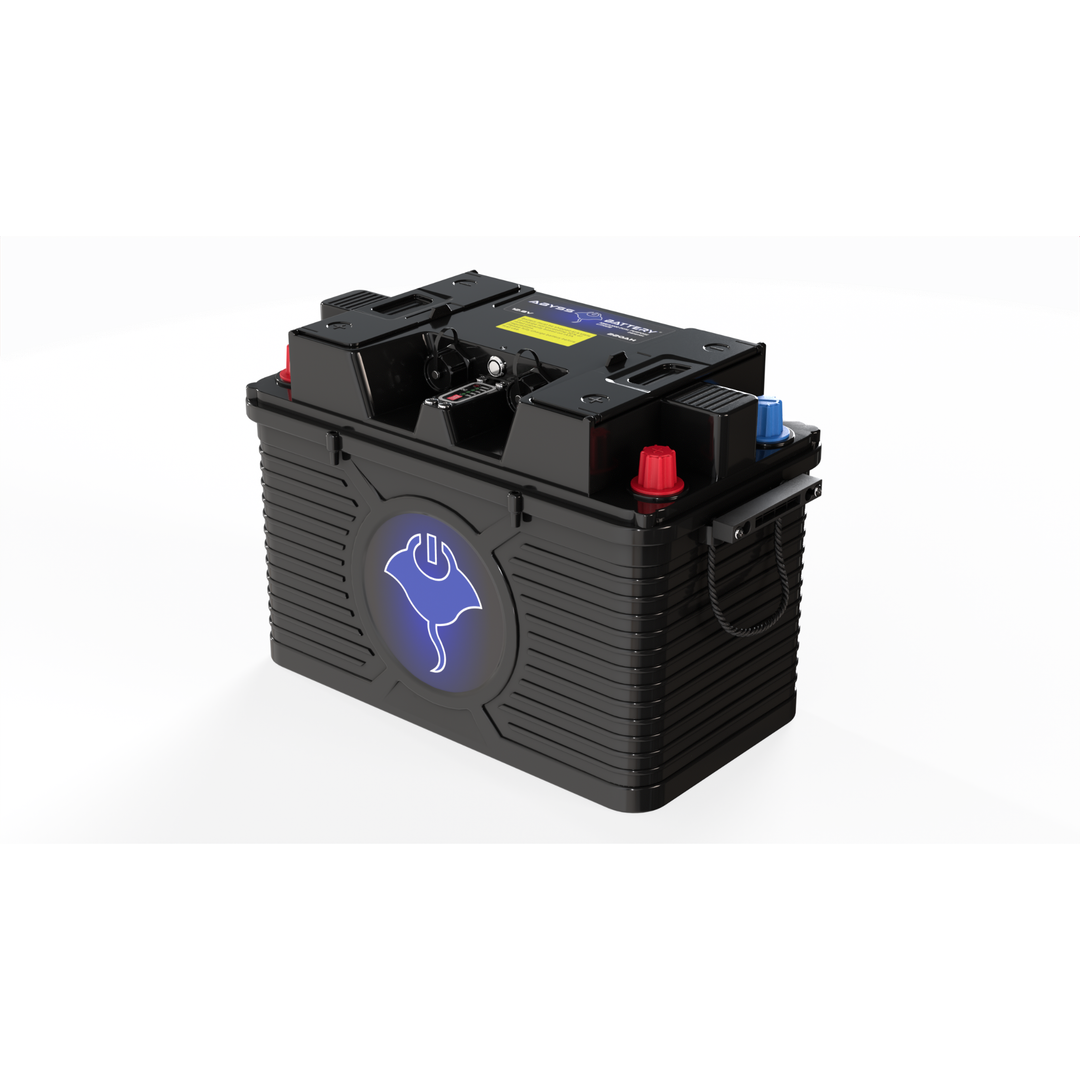 ABYSS® 12V 220Ah NMEA 2000 dual-purpose marine lithium battery with IP67 sealed case and four-terminal layout.