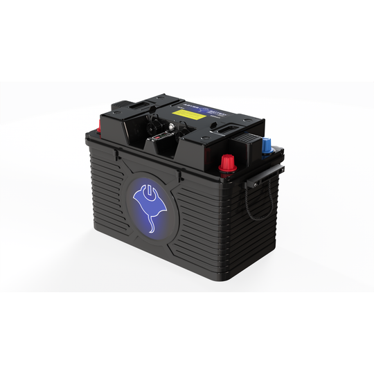 ABYSS® 12V 220Ah NMEA 2000 dual-purpose marine lithium battery with IP67 sealed case and four-terminal layout.