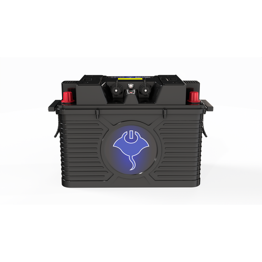 ABYSS® 12V 220Ah NMEA 2000 dual-purpose marine lithium battery with IP67 sealed case and four-terminal layout for engine starting and house power.