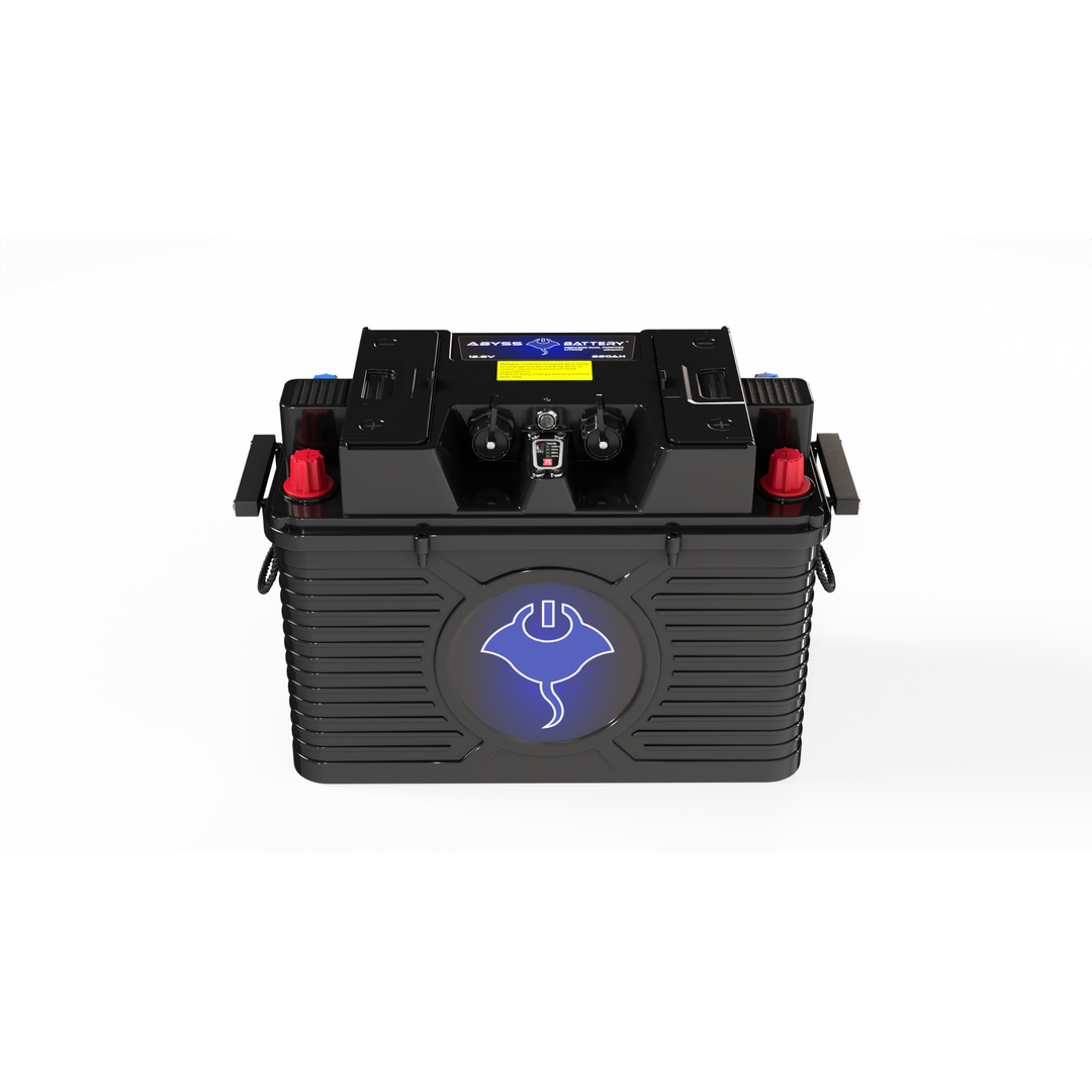 ABYSS 12V 220Ah NMEA 2000 dual-purpose marine lithium battery with IP67 sealed case and smart network integration.