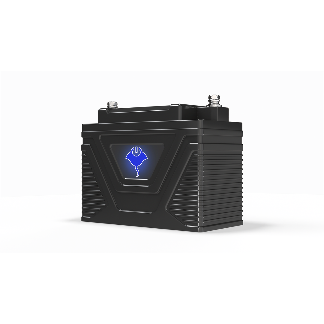 Compact black ABYSS® 12V 3Ah Power Sport Lithium battery with blue power icon, designed for jet skis, motorcycles, and kayak electronics, featuring IP67 waterproof sealing and 192A cold cranking amps.