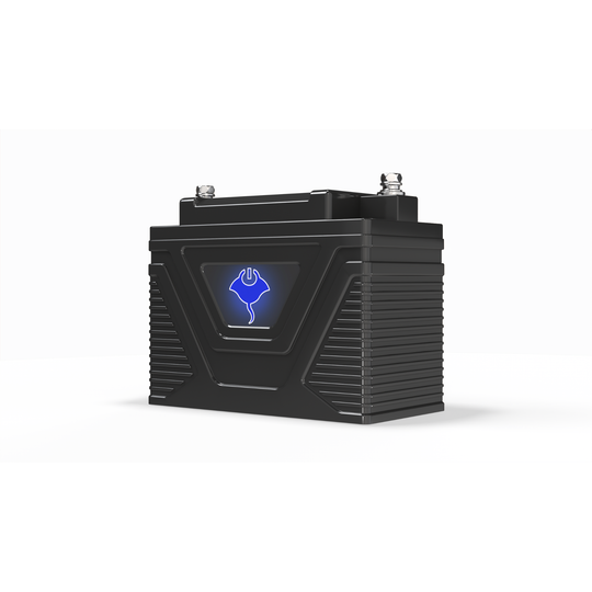 Compact black ABYSS® 12V 3Ah Power Sport Lithium battery with blue power icon, designed for jet skis, motorcycles, and kayak electronics, featuring IP67 waterproof sealing and 192A cold cranking amps.