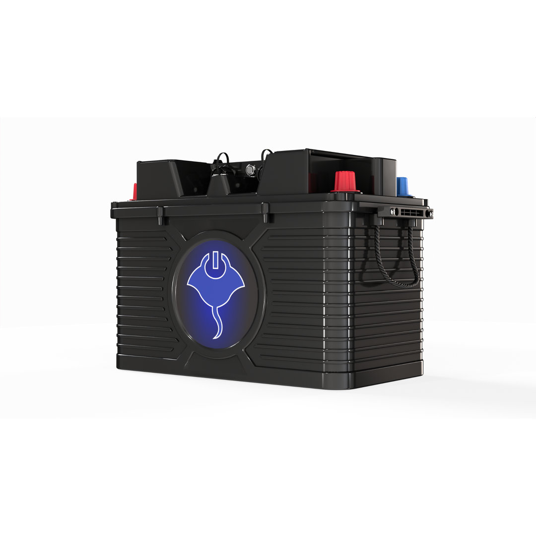 ABYSS 24V 110Ah NMEA 2000 dual-purpose lithium marine battery with IP67 sealing and 4-terminal case for large diesel engine starting and house loads.
