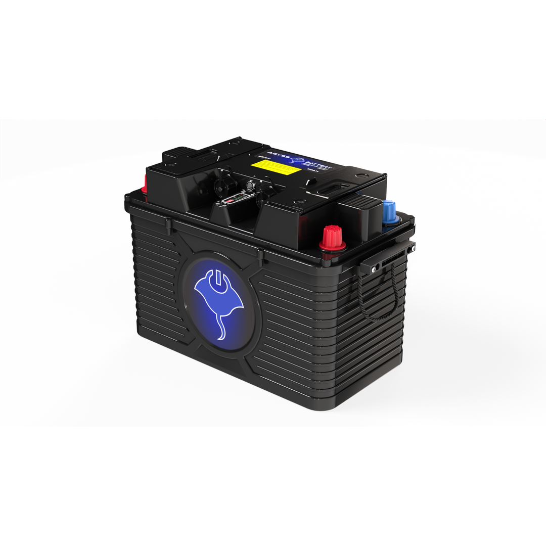 ABYSS 24V 110Ah dual-purpose lithium marine battery with NMEA 2000 compliance, IP67 sealing, and 4-terminal case for large diesel engine starts and house loads.