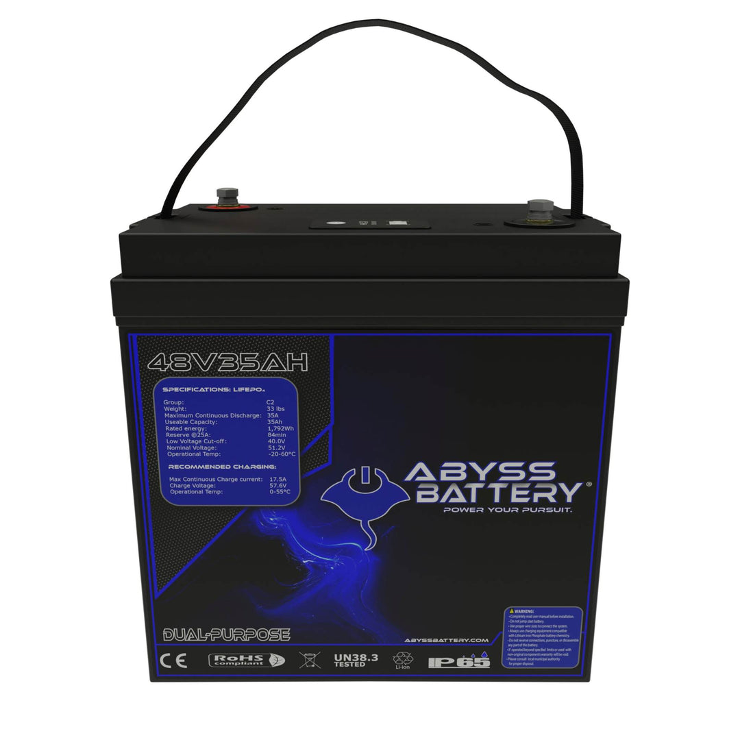 48V lithium golf cart battery with Bluetooth and display screen, ABYSS® 48V 35Ah.