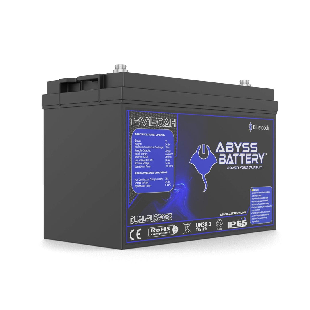 12V 150Ah dual purpose lithium marine battery with Bluetooth connectivity.