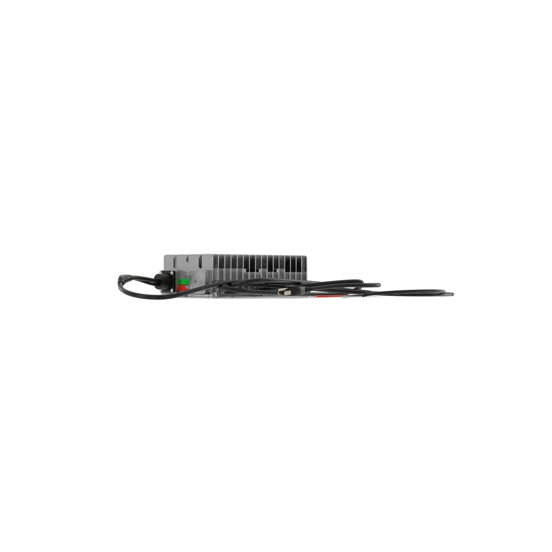 24V on-board marine lithium battery charger, side view, cables attached.