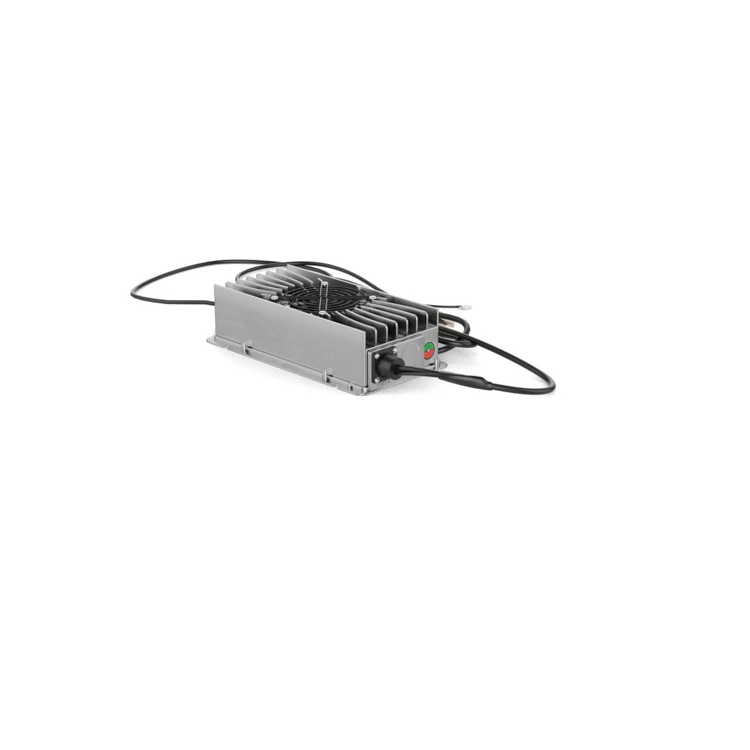 ABYSS On-Board 36V 10A high-precision marine lithium battery charger with cables, designed for trolling motor batteries, features safety and fast charging.